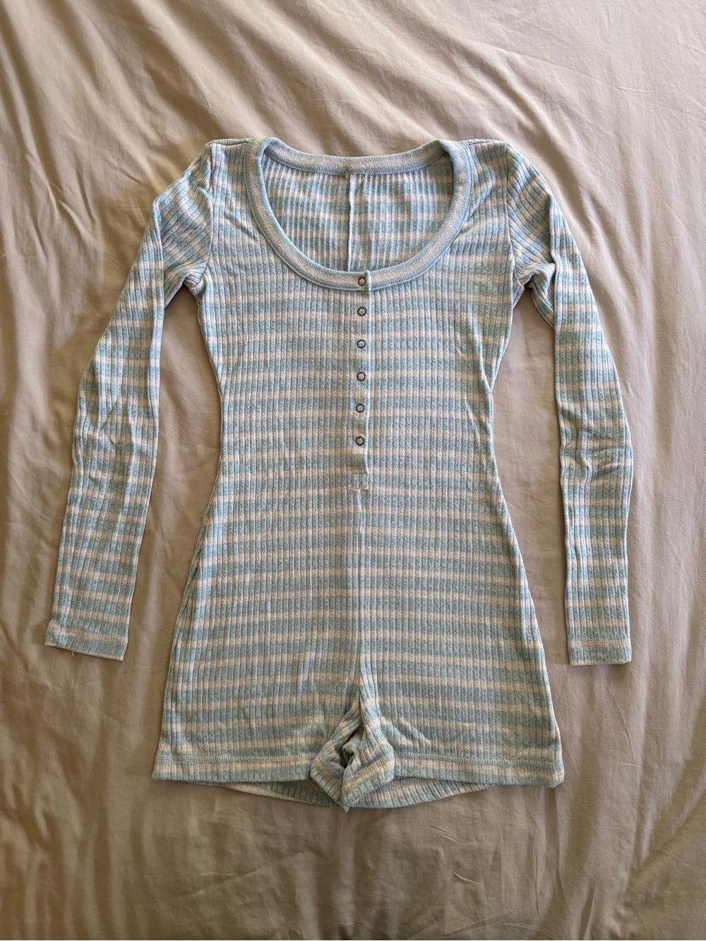 Aerie Striped Long Sleeve Ribbed Pajama Romper - Light Blue & Cream
